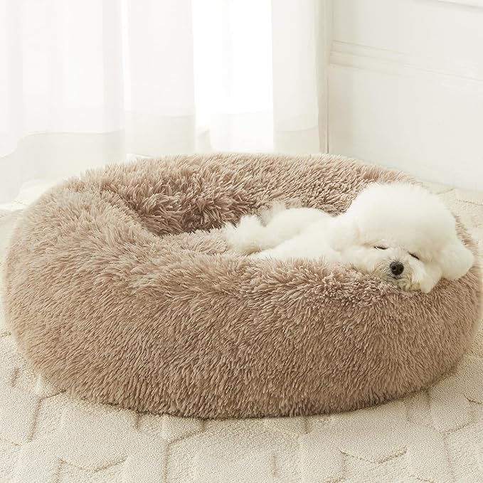WNPETHOME Calming Dog Bed Cat Bed Donut, Faux Fur Pet Bed Self-Warming Donut Cuddler, Comfortable Round Plush Dog Beds (30 x 30 x 10 Inch, Brown)-Mewly Pet