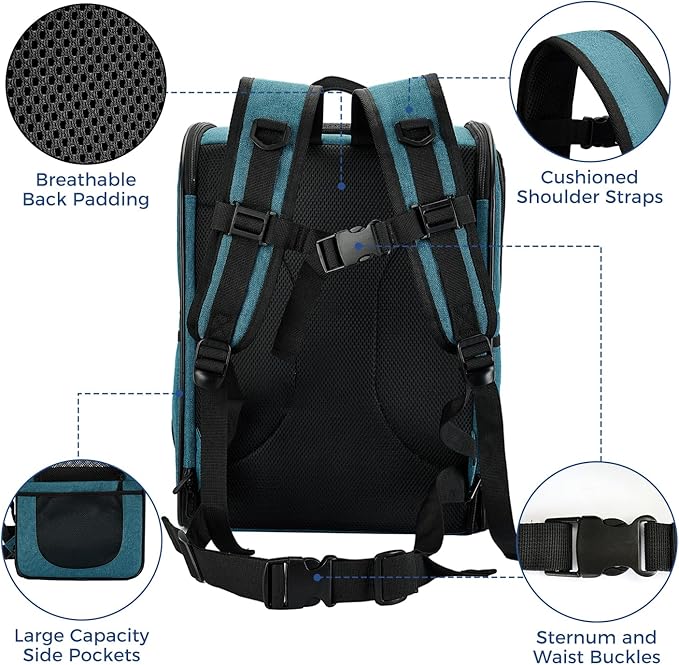 Apollo Walker Dog & Cat Carrier Backpack for 4-15lb Pets - Ventilated Safe Design with Padded Back Support, Breathable Mesh Pet Backpack for Hiking, Travel, Outdoor (Teal)-Mewly Pet