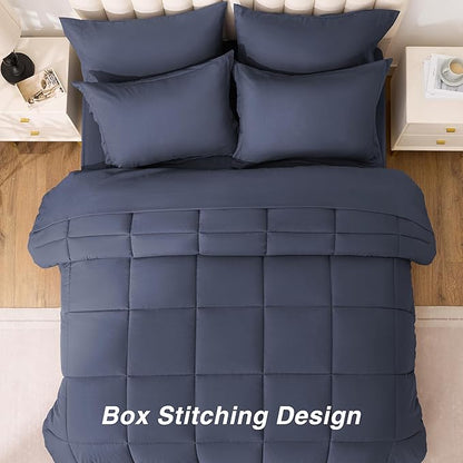 Love's cabin California King Comforter Set Indigo Blue, 7 Pieces California King Bed in a Bag, All Season Bedding Sets with 1 Comforter, 1 Flat Sheet, 1 Fitted Sheet, 2 Pillowcase and 2 Pillow Sham