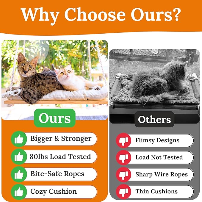 Cat Window Perch for Large Cats - Hammock Bed for Heavy Indoor Cats - Solid Wood Seat, 5 Strong Suction Cups, Soft Cushion - Rustic Shelf for Pets Inside-Mewly Pet