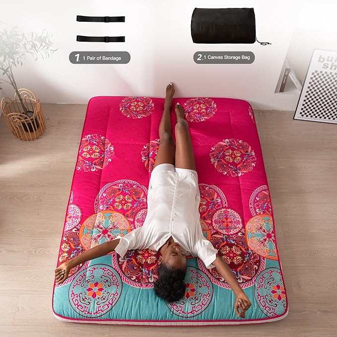 MAXYOYO Bohemian Style Futon Mattress, Padded Japanese Floor Mattress Quilted Bed Mattress Topper, Extra Thick Folding Sleeping Pad Breathable Floor Lounger Guest Bed for Camping Couch, Red, Queen