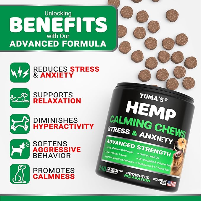 Hemp Calming Chews for Dogs - 240 Treats - Advanced Dog Calming Chews - Anxiety Relief Supplement Treats with Melatonin - Sleep Aid for Separation, Barking, Stress, Hip and Joint Support Made in USA-Mewly Pet