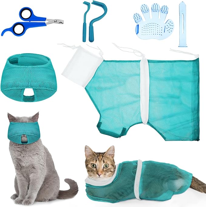 Patelai 5 Pcs Cat Bathing Bag Set Cat Grooming Bag Adjustable Pet Shower Net Muzzles Nail Clipper Tick Remover Tool Massage Brush(Green White)-Mewly Pet