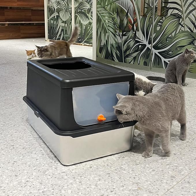 Litter Box with Lid, Stainless Steel Litter Box XL, 14" H Metal Cat Box with High Sides Wall Enclosure, Cat Pan, Non-Sticky, Easy Clean, Anti-Leakage, Black-Mewly Pet