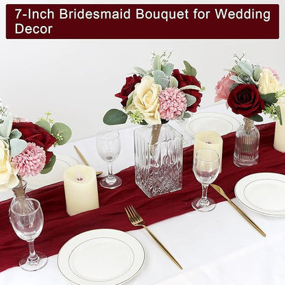 Set of 2 Artificial Bridesmaid Bouquets Blush & Burgundy -7 Inch Silk Rose Wedding Flower Bouquets for Bridesmaid Holding Flowers , Bridal Shower, Wedding Centerpiece Ceremony and Anniversary