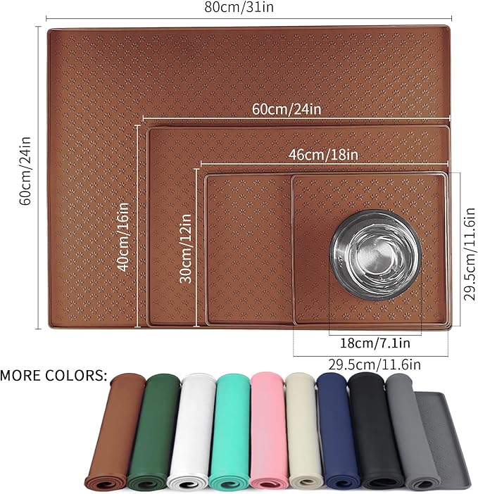 Ptlom Pet Placemat for Dog and Cat, Waterproof Silicone Pet Feeding Bowl Mats for Food and Water, Small Medium Large Dogs Mat Prevent Residues from Spilling to Floor, Brown, 18" 12"-Mewly Pet