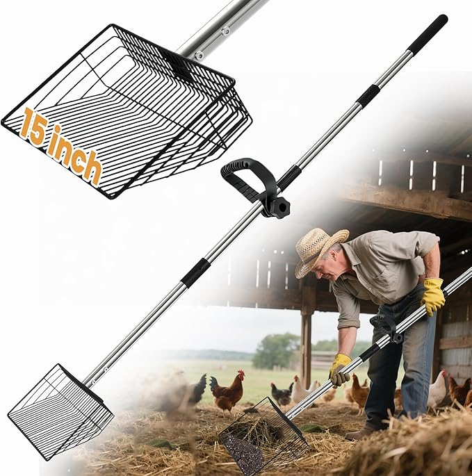 15" Chicken Poop Scooper & Rake, Metal Chicken Coop Scoop for Poop with 24 to 68" Adjustable Stainless Steel Handle, Litter Scooper Sifting Shovel Chicken Coop Accessories-Mewly Pet