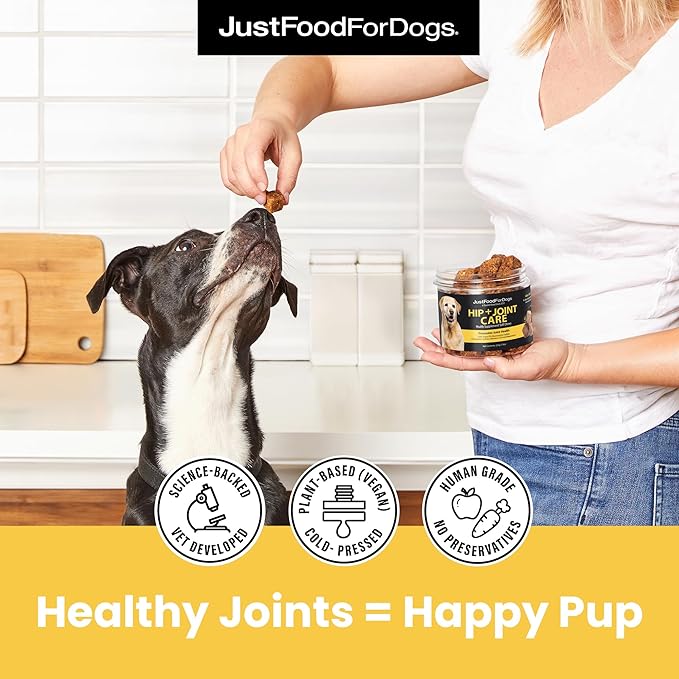 JustFoodForDogs Hip + Joint Soft Chews Mobility Supplement for Dogs with Glucosamine and Chondroitin, Superfood Blend, Human Grade, Plant-Based - 45 Count-Mewly Pet