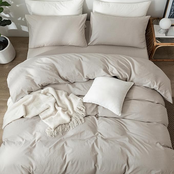 MooMee Bedding Duvet Cover Set 100% Washed Cotton Linen Like Textured Breathable Durable Soft Comfy (Heathered Cream Grey, Alaska King 132"x120")