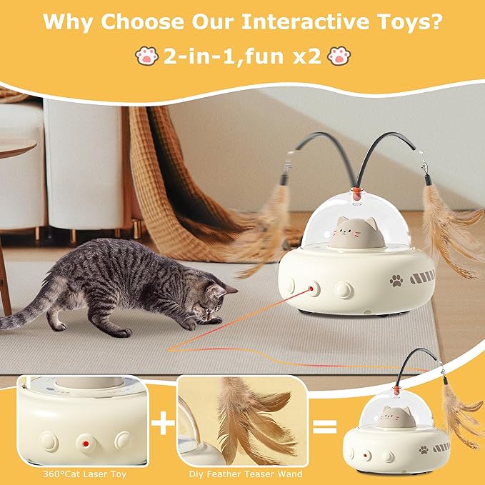 hooroor 2-in-1 UFO Laser Cat Toy – Automatic Motion with Feather, Rechargeable Smart Sensor Interactive Toy for Indoor Cats & Dogs, Fun Exercise & Play, Perfect Pet Gift-Mewly Pet