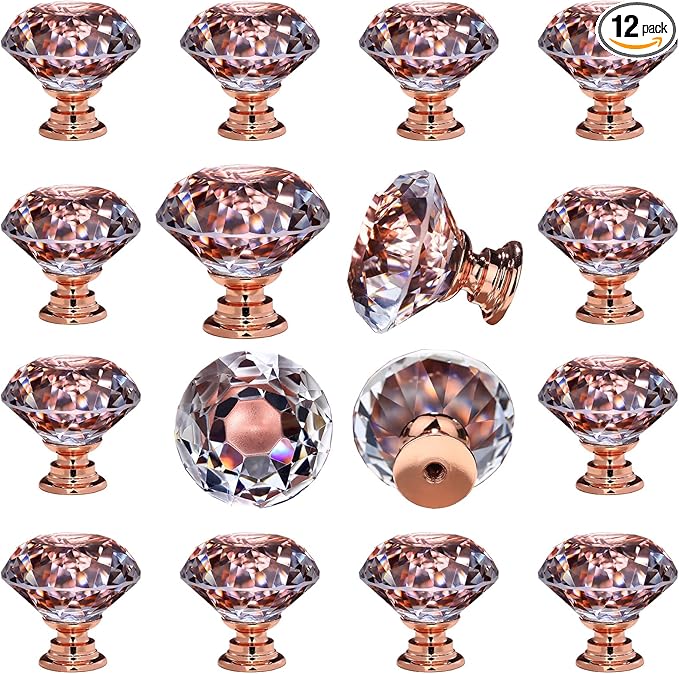 DEELF 12 Packs Kitchen Cabinet Knobs, 30 mm Crystal Cabinet Knobs, Diamond Dresser Handle Drawer Pulls, Dresser Knobs for Cabinets and Drawers, Rose Gold Base