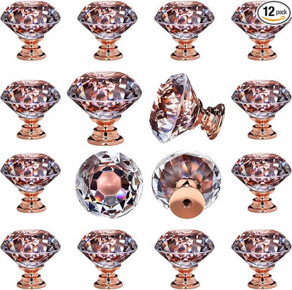DEELF 12 Packs Kitchen Cabinet Knobs, 30 mm Crystal Cabinet Knobs, Diamond Dresser Handle Drawer Pulls, Dresser Knobs for Cabinets and Drawers, Rose Gold Base