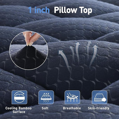 Dual Layer 3 Inch Memory Foam Mattress Topper Full Size, 2 Inch Gel Memory Foam Plus 1 Inch Cooling Pillow Top Mattress Pad Cover, with 8-21 Inch Deep Pocket, Navy Blue