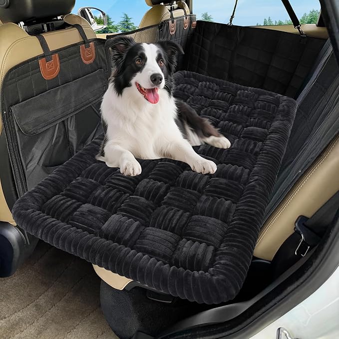 Dog Car Bed Mat, Non-Slip Backseat Extender Pet Blanket, Plaid Dog Bed for SUVs, Sedans & Trucks, Chew-Resistant Travel Pad for Dogs, Easy Clean & Scratch-Proof & Comfort (50"x24.6") Black-Mewly Pet