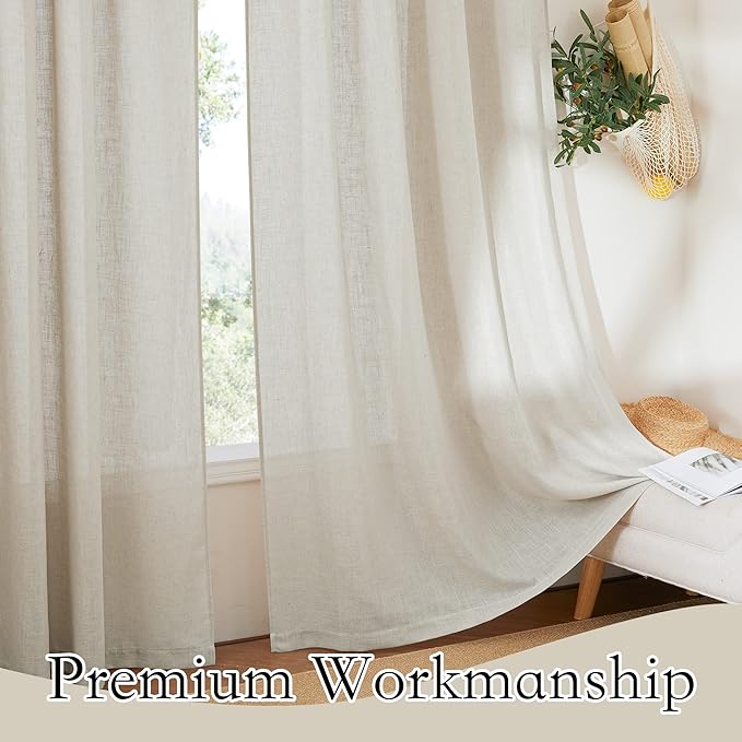 RYB HOME Flax Linen Blend Curtains - European Flax Linen Semi Sheer Curtains Privacy Protect Window Drapes Light Filter for Parlor, Sliding Door, Villa, Party, W 52 x L 95 inch, Angora, 2 PC
