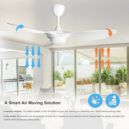 reiga 52 Inch Smart White Ceiling Fan with Light and Remote, ETL Listed Quiet DC Motor 3 Blade Indoor Outdoor Ceiling Fans for Bedroom Living Room Patios