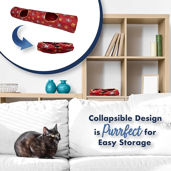 NFL San Francisco 49ers Cat Tunnel Tube Toy with Plush Football Catnip and Feathers Collapsible Tunnel for Cats to Play, Peek and Hide, Sporty & Fun Cat Tunnel Toy with Team Logo All-Over Design!-Mewly Pet