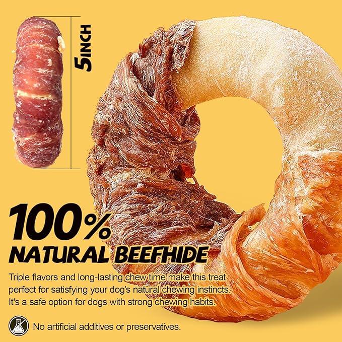 ASMPET Dog Treats Chews, Chicken & Duck Wrapped Rawhide Donuts Dental Care Chews for Small Medium Large Breed Aggressive Chewers (Pack of 4)-Mewly Pet