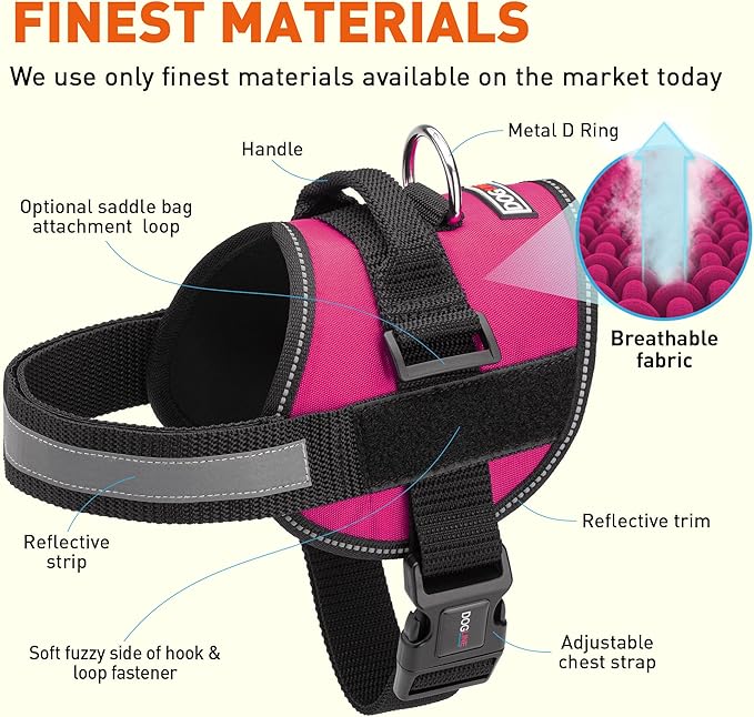 Dogline Dog Harness, Reflective No-Pull Adjustable Vest with Handle for Walking, Training, Breathable, No - Choke Harness for Small, Medium or Large Dogs Room for Patches Girth 22"-28" in Pink-Mewly Pet