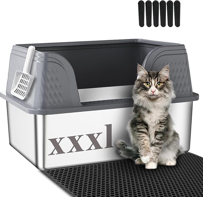 Suhaco Extra Large Stainless Steel Litter Box with Lid XXXL High Sided Cat Litter Boxes Included Litter Mat & Litter Scoop Anti-Urine Leakage Metal Pet Toilet for Big Cats (Grey XXXL)-Mewly Pet