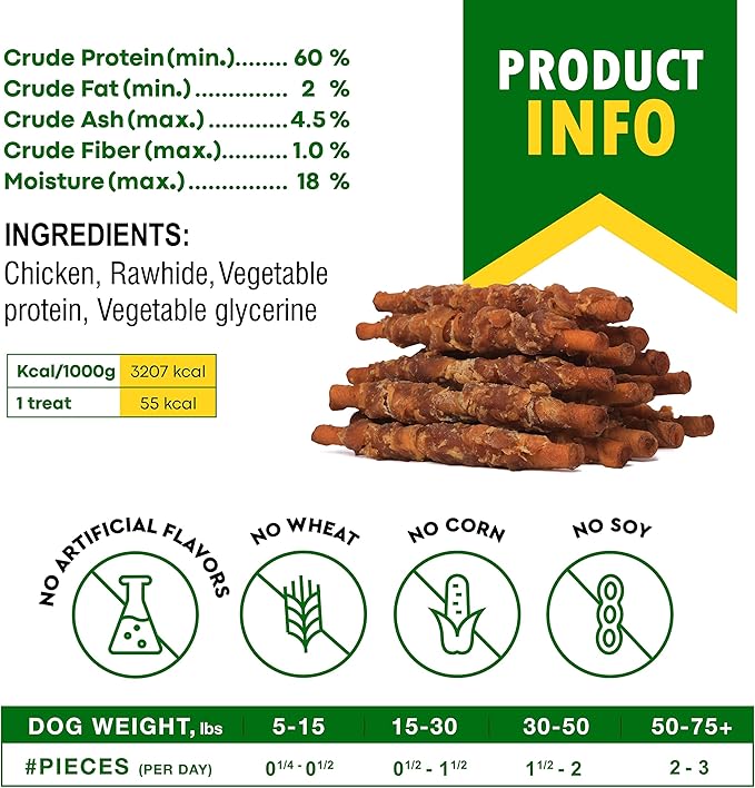 Dog Treats Rawhide Sticks Wrapped with Chicken 11 oz Pet Natural Chew Treats - Grain Free Meat & Human Grade Dried Snacks - Best for Small & Large Dogs (10.6 Ounce (Pack of 1), Smoked Chicken)-Mewly Pet