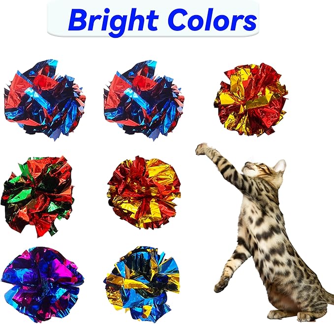 Cat Crinkle Ball Toys 10 Packs for Indoor Cats to Kill Time and Keep Fit, 2.3 Inch Colorful Mylar Crinkle Balls Attract Cats to Swat, Bite, Hunt, Interactive Toys for Cats and Kittens-Mewly Pet