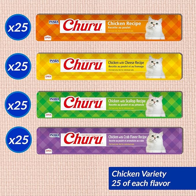 INABA Churu Cat Treats, Lickable, Squeezable Creamy Purée with Vitamin E, 0.5 Ounces per Tube, 100 Tubes Total, Chicken Variety-Mewly Pet