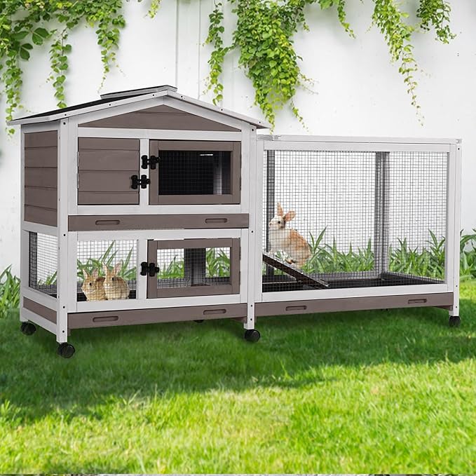 GUTINNEEN Rabbit Cage Indoor Bunny Hutch with Chew-Proof Ramp - 2 Story Guinea Pig Cages Outdoor with 6 Wheels, Leakproof Pull-Out Tray for Rabbits, Guinea Pigs (Brown)-Mewly Pet
