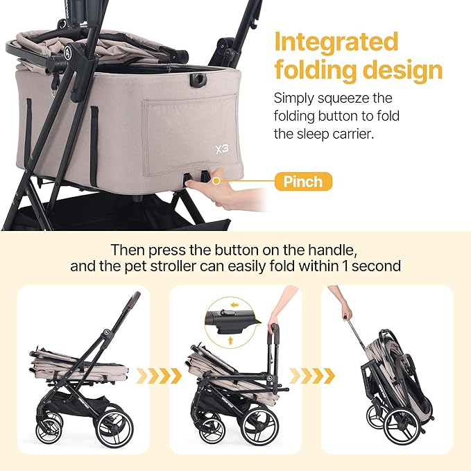 BEBEROAD X3 2 in 1 Pet Stroller for Medium or Two Small Dogs & Cats 4 Wheels Lightweight Foldable Carrier Dog Stroller with Waterproof Weather Cover Cup Holder,Storage Basket(Camel)-Mewly Pet