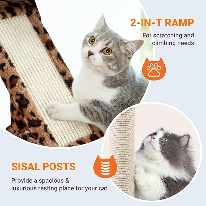 Allewie 81 Inches Tall Cat Tree/Multi-Level Large Climbing Tree House and Towers for Big Feline/Condo and Hammock/Scratching Post/Wide Base/Leopard Print-Mewly Pet