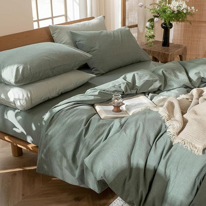MooMee Bedding Duvet Cover Set 100% Washed Cotton Linen Like Textured Breathable Durable Soft Comfy (Heathered Green, Oversized Full 82"x86")