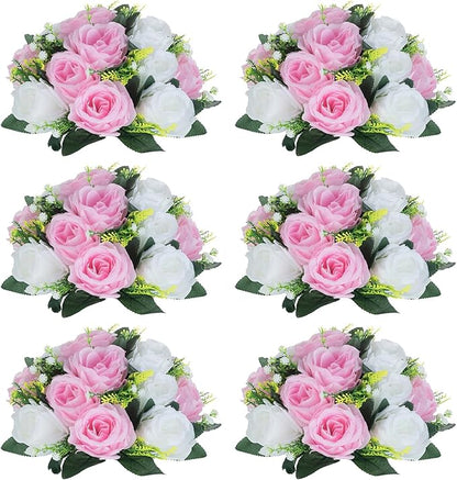 NUPTIO Pcs of 6 Fake Flower Ball Arrangement Bouquet,15 Heads Plastic Roses with Base, Suitable for Our Store's Wedding Centerpiece Flower Rack for Parties Valentine's Day Home Décor (Pink & White)