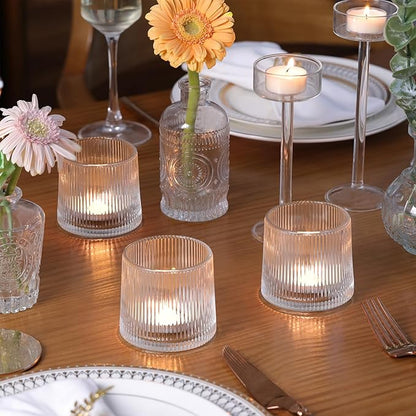DARJEN Clear Ribbed Tealight Votive Candle Holders- 6Pack Glass Candle Holders for Table Centerpiece, Home Decor, Wedding Decor, Party Dinner