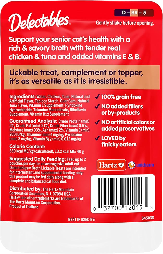 Hartz Delectables Savory Broths Senior 10+ Chicken & Tuna Lickable Cat Treat, 12 Pack-Mewly Pet