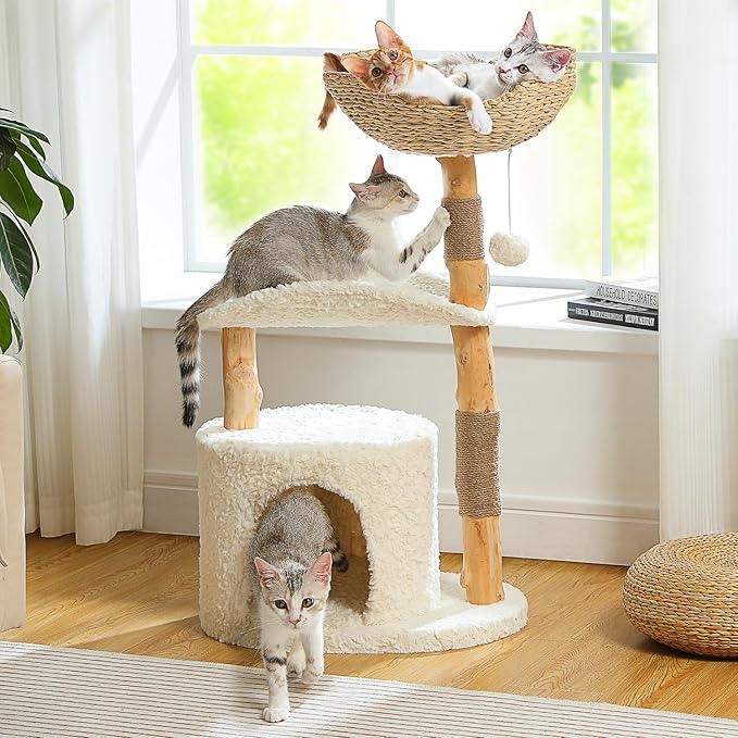 Modern Cat Tree Tower for Large Cats, Wood Cat Tower with Natural Scratching Post, Solid Wood Condo, Real Branch Luxury Cat Furniture with Curved Bed, Top Basket, White-Mewly Pet