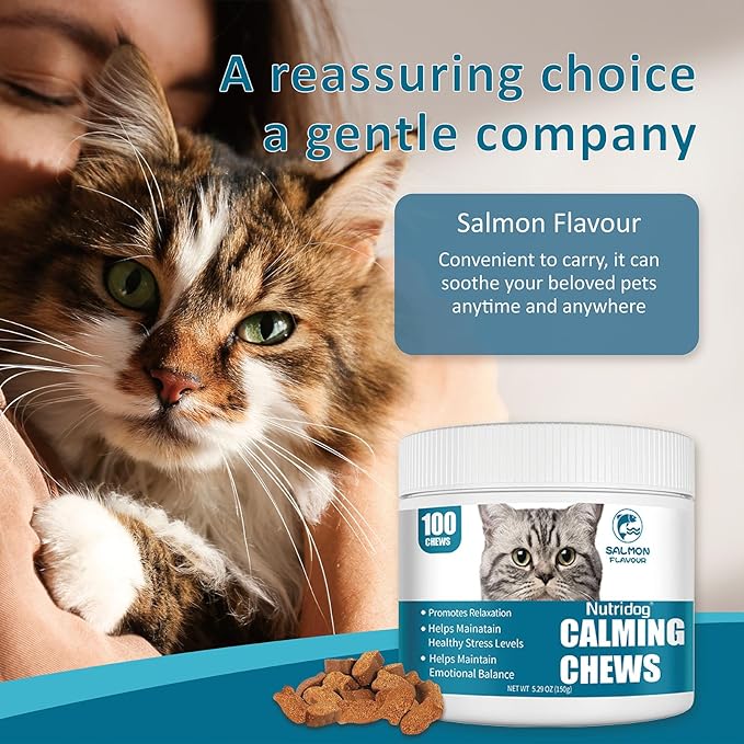 Cat Calming Treats - 100 Count Salmon Chews with Organic Chamomile & Ginger, Stress Relief Supplement for Separation Anxiety, Vet Visits & Thunderstorms (Salmon)-Mewly Pet