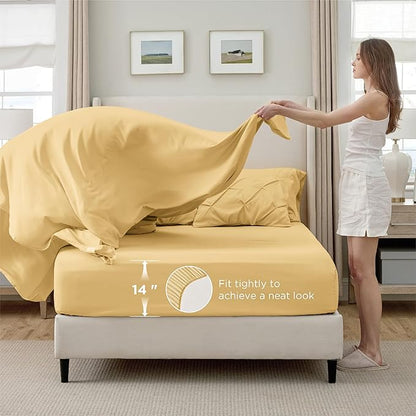 Bedsure Queen Comforter Set Yellow - Bed in a Bag Queen 7 Pieces, Pintuck Bedding Sets Gift for Christmas, Pinch Pleat Bed Set with Queen Size Comforter, Sheets, Pillowcases & Shams