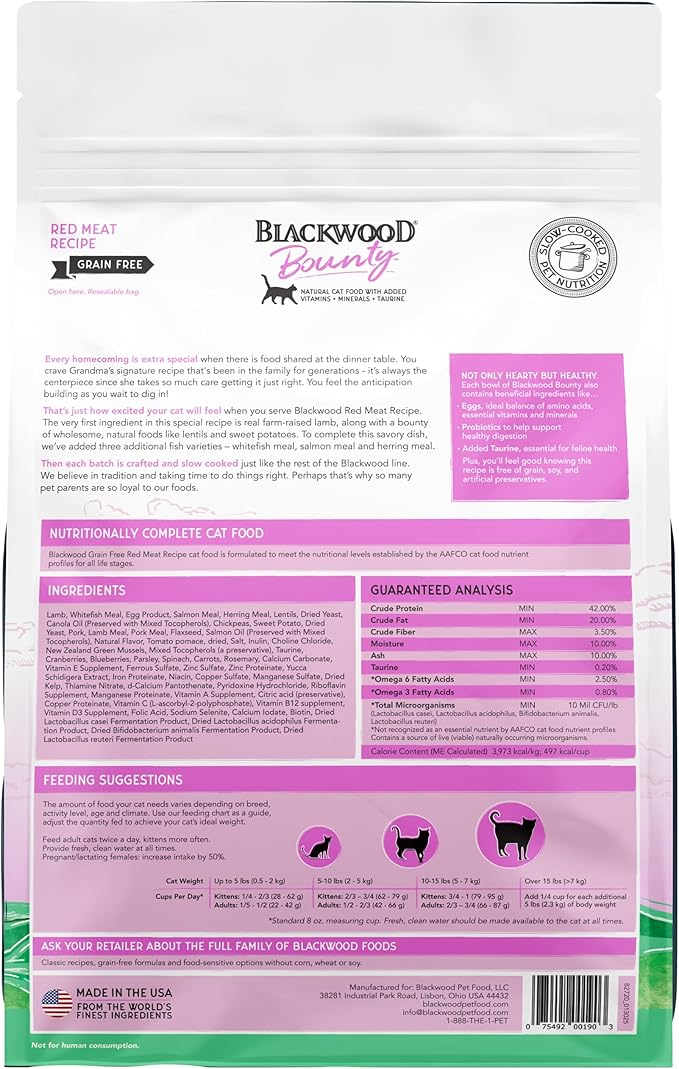 Blackwood Bounty Dry Cat Food, Red Meat Recipe for All Life Stages, 4.5 Pound Bag, High Protein, Grain Free-Mewly Pet