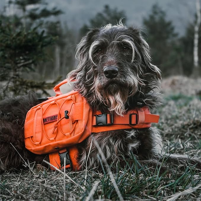 ONETIGRIS Dog Backpack for Medium & Large Dogs, Nylon Backpack for Dogs Tactical Pet Backpack with Side Pockets for Hiking Walking Training Running (Orange, Medium)-Mewly Pet