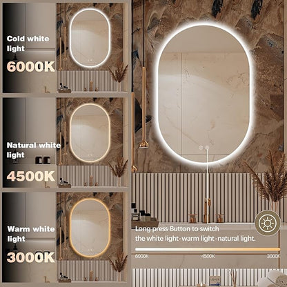 36" x 24" Oval LED Mirror for Bathroom, Backlit Vanity Mirror with Lights, Frameless Smart Wall Mirror, 3 Colors Stepless Dimmable, Anti-Fog, Shatterproof, Memory, CRI95+(Horizontal/Vertical)