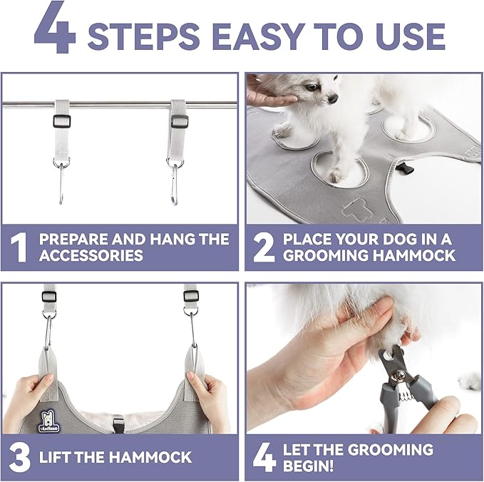 Dog Grooming Hammock Harness for Dogs & Cats with Pet Nail Clipper Trimmer - Cat Hanger Sling for Trimming Clipping Nails- Dog Hammock Restraint Bag for Small Medium Large pet （ Purple XS）-Mewly Pet