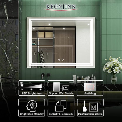 Keonjinn Large Bathroom Mirror with Light, 48 x 36 Inch LED Mirror for Bathoom, Frontlit Only, HD Tempered Glass, UL-Listed LED Driver, Anti-Fog, Dimmale 6000K, Easy Installation(Horizontal/Vertical)
