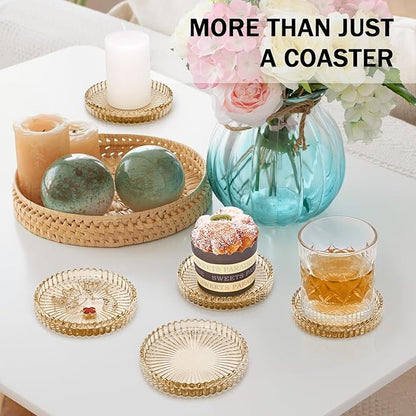 Glass Candle Holders, GOH DODD Set of 8 Crystal Pillar Plates Modern Coasters for Drinks, Centerpiece, Home Decor, Kitchen, Living Room, Patio, Wedding, Halloween, Christmas, Party, Amber