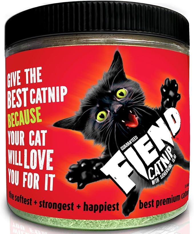 Fiend Catnip + Silvervine for Cats & Kittens Safety-Cut Premium Fine Cat Nip Blend with Vegan Silvervine + Sticker – Ultra Potent, North American – 1 Cup (34.5g) Go Ahead, Create a Monster!-Mewly Pet