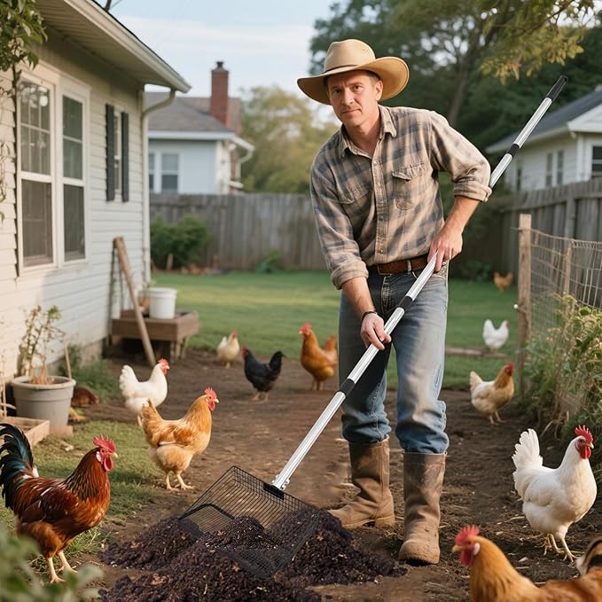 Large Metal Chicken Poop Scooper, 36 to 75" Adjustable Long Chicken Coop Litter Scoop with Stainless Steel Handle, Durable Sand Sifting Litter Shovel for Chicken Coops & Small Farm Animals-Mewly Pet