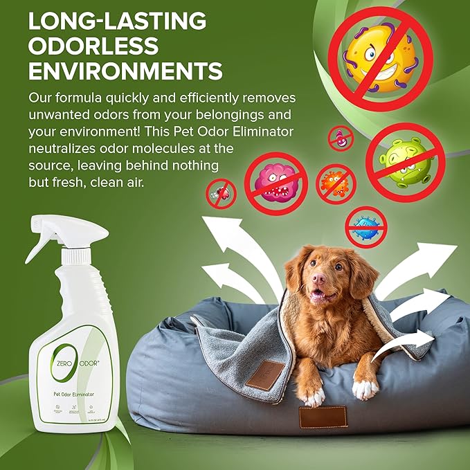 Zero Odor - Pet Odor Eliminator for Strong Odor, Eliminate Air & Surface Odors – Patented Molecular Technology Best For Carpet, Furniture, Beds Smell Great Again (Over 400 Sprays Per Bottle)-Mewly Pet