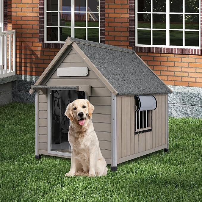 Outdoor Dog House Weatherproof Large Wooden Dog Kennel Indoor for Small Dogs with Chew-Proof Frame, Oxford Fabric Window, Removable Floor Pet Shelter (Grey, 30.5" D x 37.4" W x 39.3" H)-Mewly Pet