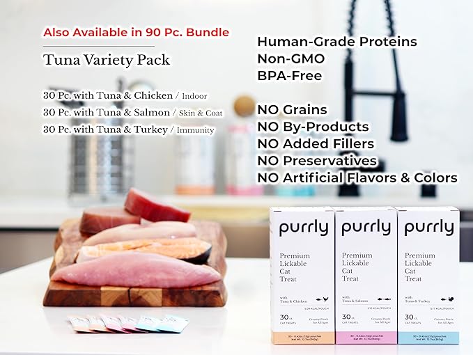 Purrly Cat Treat Snack Wet Lickable Low Calorie Healthy Grain-Free Tuna Variety Packs (18 Count) Squeezable Creamy Purée with Human-Grade Proteins and Functional Nutrients No-Artificial-Additives-Mewly Pet