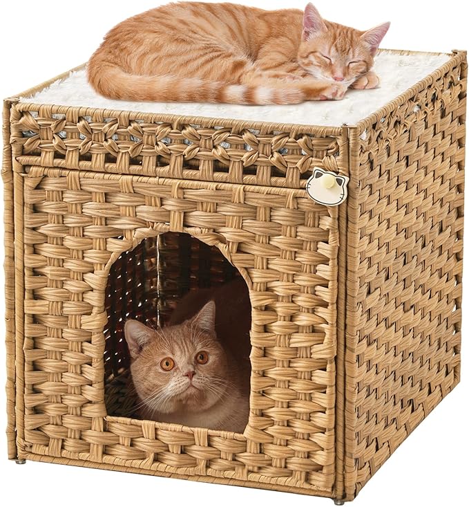Cat Beds for Indoor Cats Extra Large Double Cat Cave Pet Cube, Handwoven Rattan Cat Houses with Double-Sided Soft Cushions, 18.5 x 20.5 x 19.1 Inches Foldable Hideaway in Living Room Natural-Mewly Pet