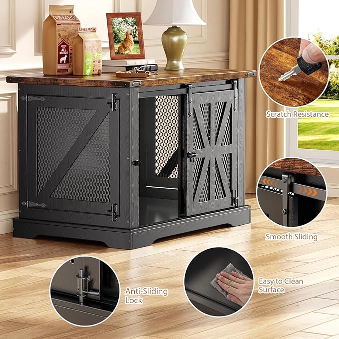 VOPEAK 43.3" XL Dog Crate Furniture, Chew Resistant Dog Crate for Medium Large Dogs, Heavy Duty Extra Large Dog Crate Dog Kennel Indoor with Double Doors, Wooden End Table for Living Room, Black-Mewly Pet